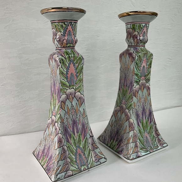 Vintage Chinoiserie Candle Holders Pastel Textured Boho Decor - One Pair (2) - Picture 1 of 13